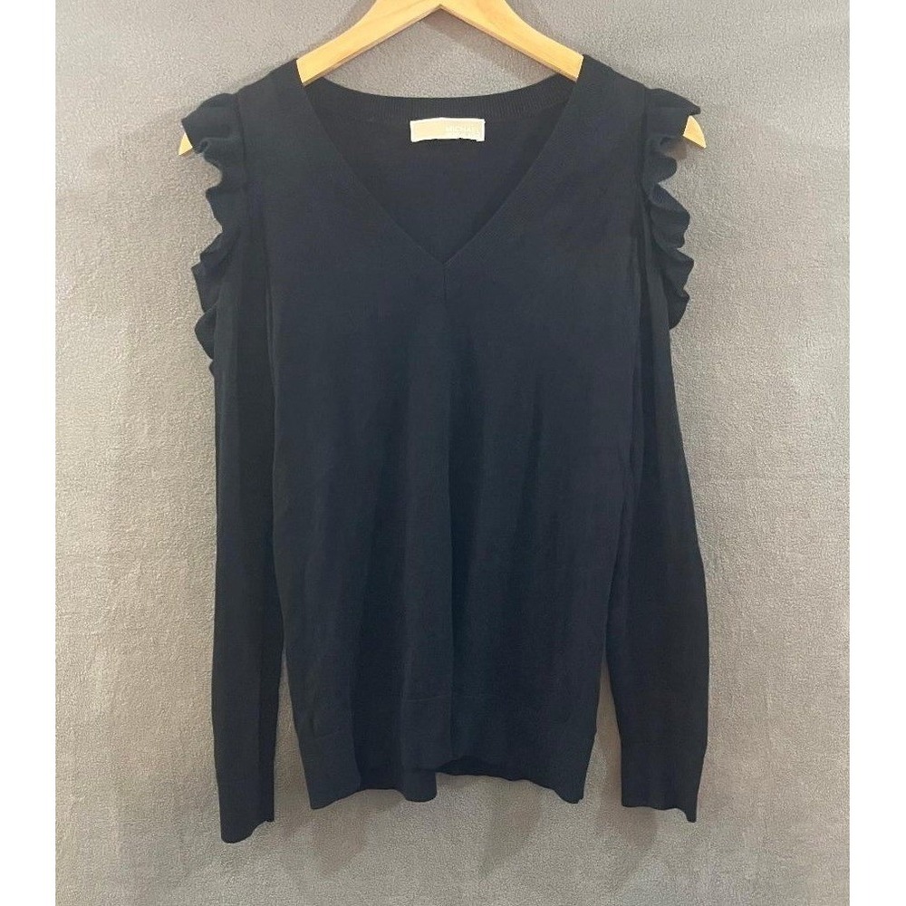 Michael Kors XS Ruffle Cold Shoulder V-Neck Sweater Black Long Sleeve Knit Top